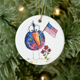 Cute Whimsical Patriotic Bird met vlag Keramisch Ornament