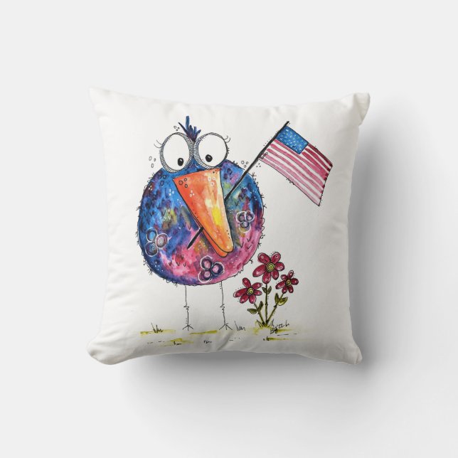 Cute Whimsical Patriotic Bird met vlag Kussen (Voorkant)