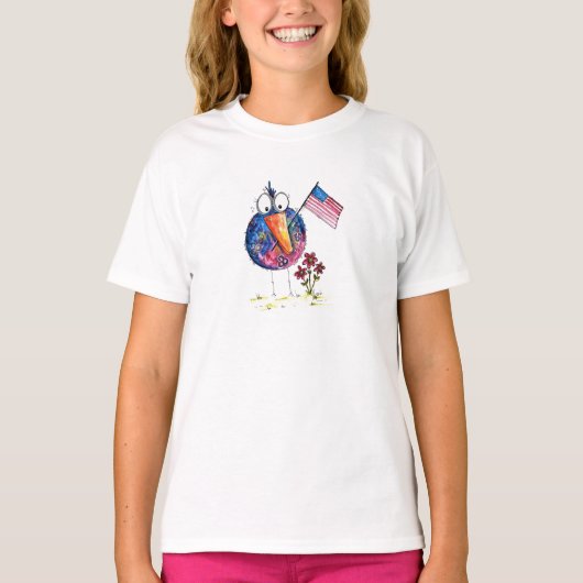 Cute Whimsical Patriotic Bird met vlag T-shirt (Voorkant)