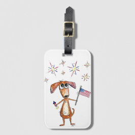 Cute Whimsical Patriotic Dog met vlag Bagagelabel