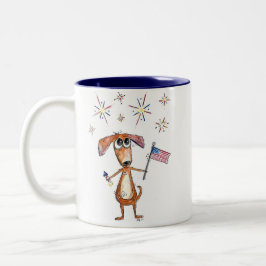 Cute Whimsical Patriotic Dog met vlag Tweekleurige Koffiemok