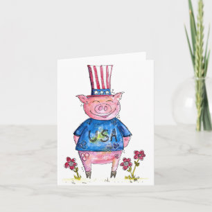 Cute Whimsical Patriotic Pig Kaart