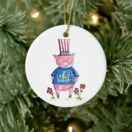 Cute Whimsical Patriotic Pig Keramisch Ornament