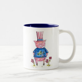 Cute Whimsical Patriotic Pig Tweekleurige Koffiemok