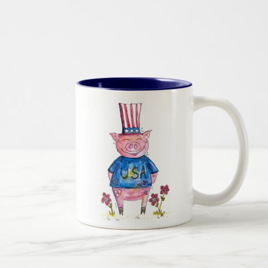 Cute Whimsical Patriotic Pig Tweekleurige Koffiemok (Rechts)