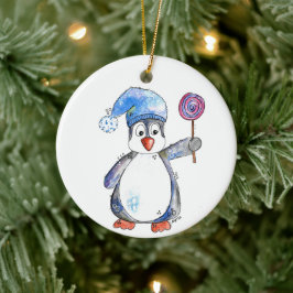 Cute Whimsical Penguin met een Lollipop Keramisch Ornament