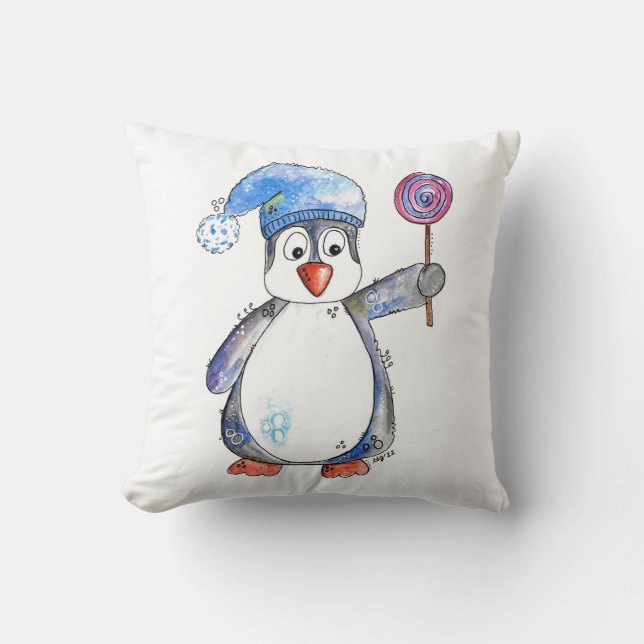 Cute Whimsical Penguin met een Lollipop Kussen (Voorkant)