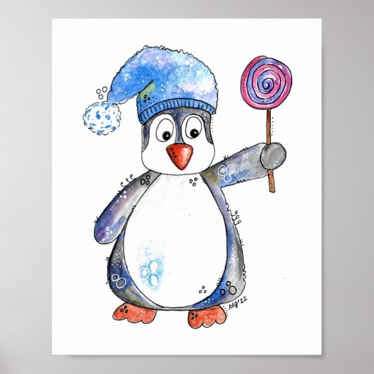Cute Whimsical Penguin met een Lollipop Poster (Voorkant)
