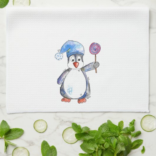 Cute Whimsical Penguin met een Lollipop Theedoek (Gevouwen)