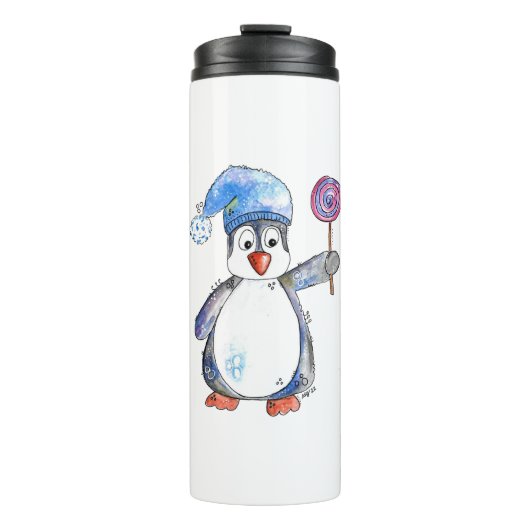 Cute Whimsical Penguin met een Lollipop Thermosbeker (Voorkant)