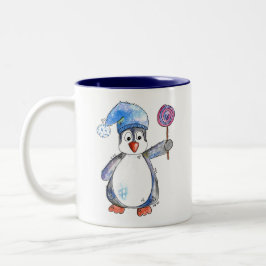 Cute Whimsical Penguin met een Lollipop Tweekleurige Koffiemok