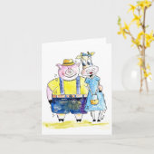 Cute Whimsical Pig. en Koe Kaart (Gele Bloem)
