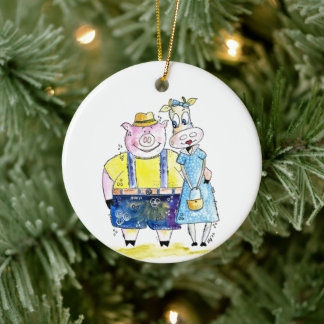 Cute Whimsical Pig. en Koe Keramisch Ornament