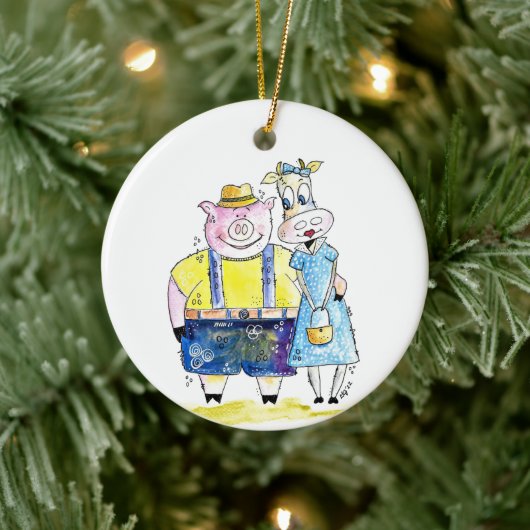 Cute Whimsical Pig. en Koe Keramisch Ornament (Boom)