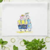 Cute Whimsical Pig. en Koe Theedoek (Gevouwen)