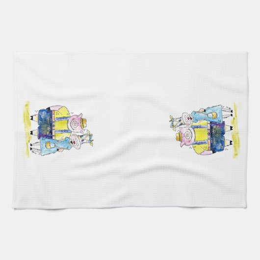 Cute Whimsical Pig. en Koe Theedoek (Horizontaal)