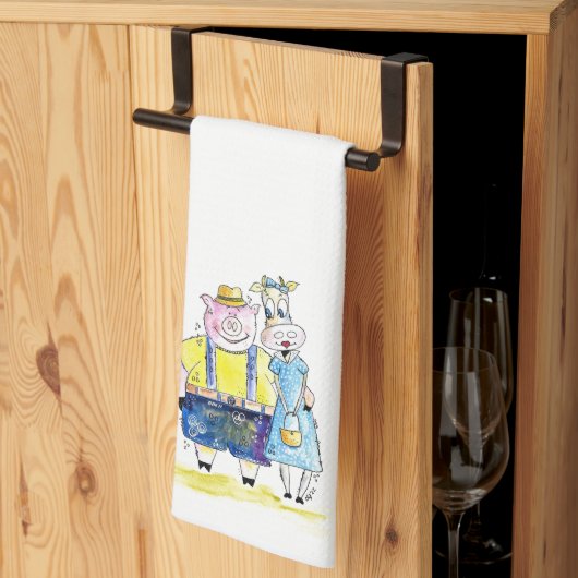 Cute Whimsical Pig. en Koe Theedoek (Derde Gevouwen)