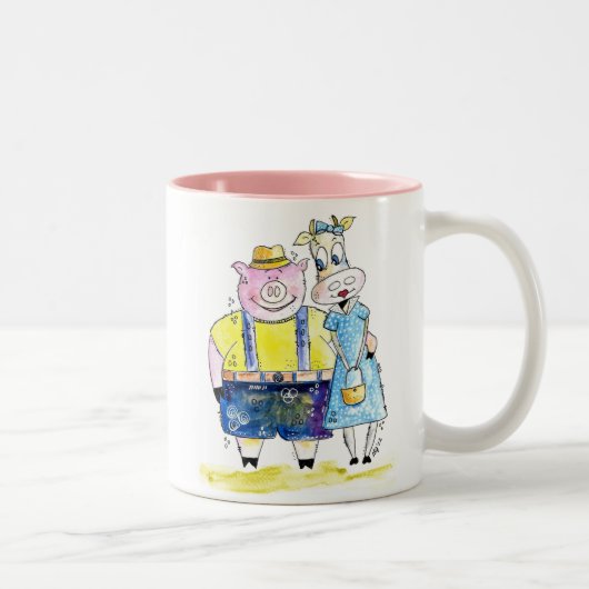 Cute Whimsical Pig. en Koe Tweekleurige Koffiemok (Rechts)