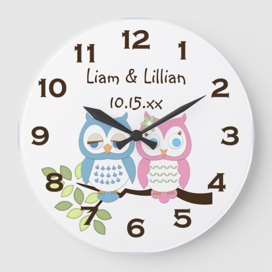 Cute Whimsical Pink Blue Owl Twins Wall Clock Grote Klok (Voorkant)