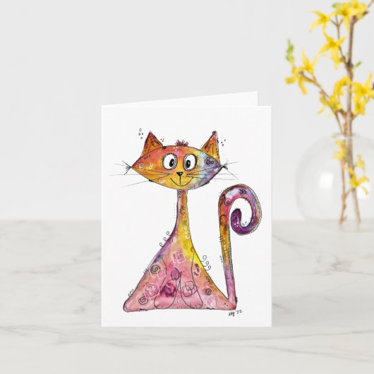 Cute Whimsical Pink Cat Kaart (Gele Bloem)