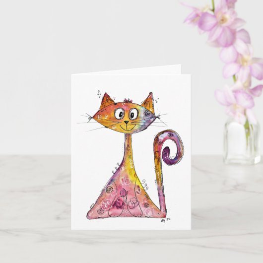 Cute Whimsical Pink Cat Kaart (Orchidee)