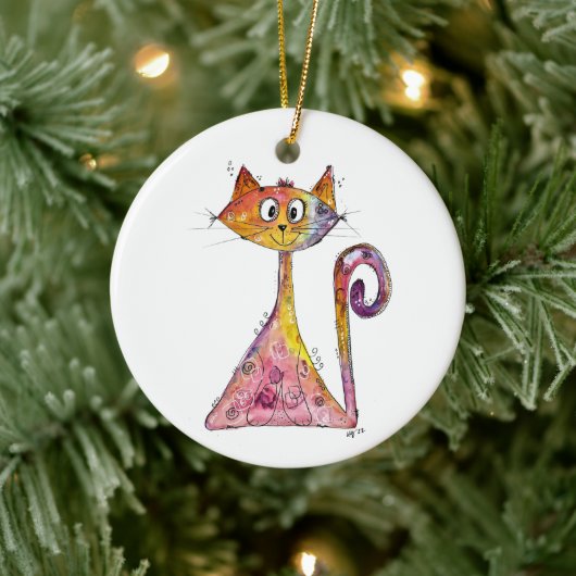 Cute Whimsical Pink Cat Keramisch Ornament (Boom)