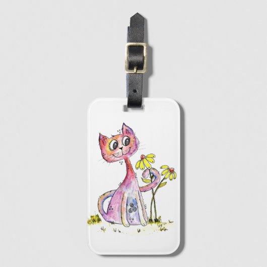Cute Whimsical Pink Cat met Yellow Flowers Bagagelabel (Voorkant (verticaal))