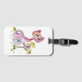Cute Whimsical Pink Cat met Yellow Flowers Bagagelabel (Voorkant (horizontaal))