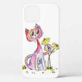 Cute Whimsical Pink Cat met Yellow Flowers Case-Mate iPhone Case