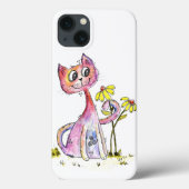 Cute Whimsical Pink Cat met Yellow Flowers Case-Mate iPhone Case (Achterkant)