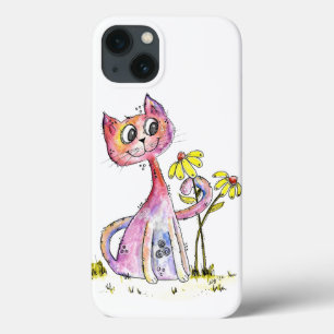 Cute Whimsical Pink Cat met Yellow Flowers Case-Mate iPhone Case