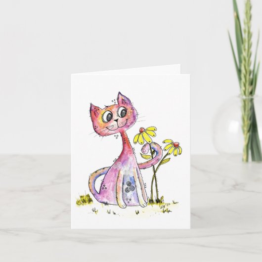 Cute Whimsical Pink Cat met Yellow Flowers Kaart (Voorkant)