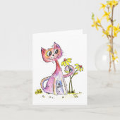 Cute Whimsical Pink Cat met Yellow Flowers Kaart (Gele Bloem)