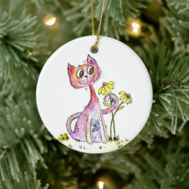 Cute Whimsical Pink Cat met Yellow Flowers Keramisch Ornament