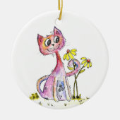 Cute Whimsical Pink Cat met Yellow Flowers Keramisch Ornament (Voorkant)