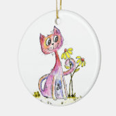 Cute Whimsical Pink Cat met Yellow Flowers Keramisch Ornament (Links)