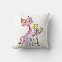 Cute Whimsical Pink Cat met Yellow Flowers