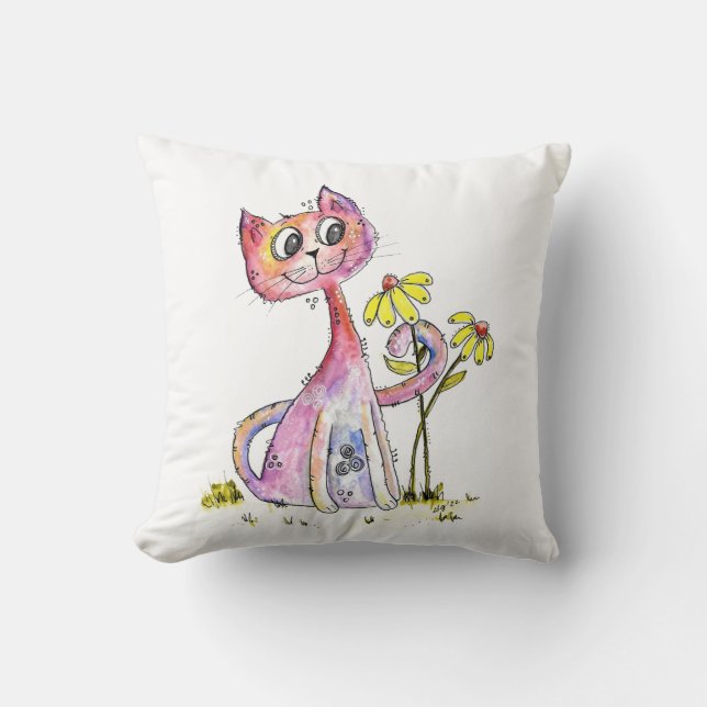 Cute Whimsical Pink Cat met Yellow Flowers Kussen (Voorkant)