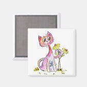 Cute Whimsical Pink Cat met Yellow Flowers Magneet (Voorkant / Achterkant)