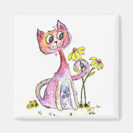 Cute Whimsical Pink Cat met Yellow Flowers Magneet
