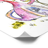 Cute Whimsical Pink Cat met Yellow Flowers Poster (Hoek)