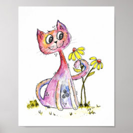 Cute Whimsical Pink Cat met Yellow Flowers Poster