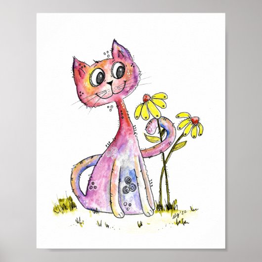 Cute Whimsical Pink Cat met Yellow Flowers Poster (Voorkant)
