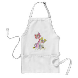 Cute Whimsical Pink Cat met Yellow Flowers Standaard Schort