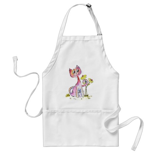 Cute Whimsical Pink Cat met Yellow Flowers Standaard Schort (Voorkant)