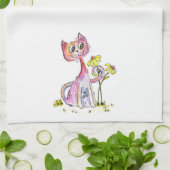 Cute Whimsical Pink Cat met Yellow Flowers Theedoek (Gevouwen)