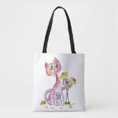 Cute Whimsical Pink Cat met Yellow Flowers Tote Bag (Voorkant)