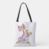 Cute Whimsical Pink Cat met Yellow Flowers Tote Bag (Achterkant)