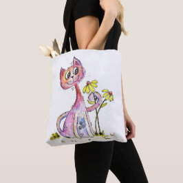 Cute Whimsical Pink Cat met Yellow Flowers Tote Bag