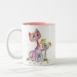 Cute Whimsical Pink Cat met Yellow Flowers Tweekleurige Koffiemok
